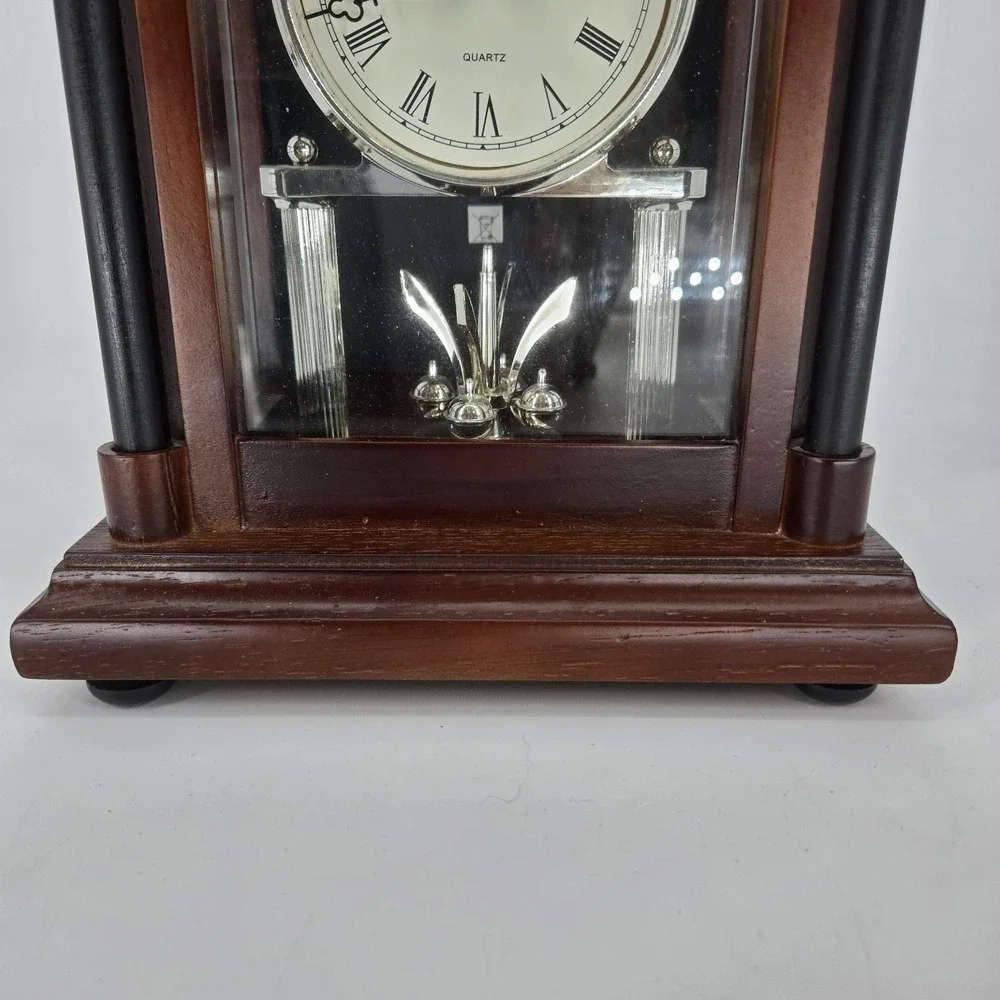 Stiffel Quartz Mantel Clock Rotating Pendulum Wood Glass Case Working Vintage